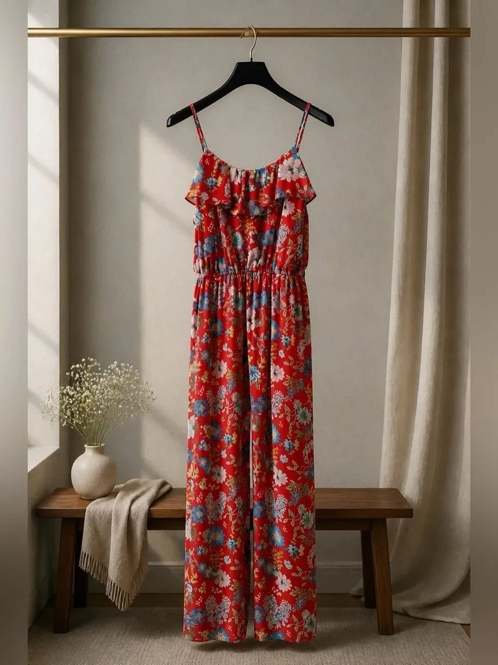 Red with Flowers Maxi Dress with Spaghetti Straps
